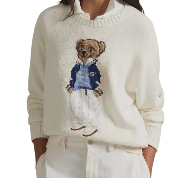 Ralph Lauren Women’s Ivory Sweater W/Spelman College Polo Bear Ivory Sz L NWT - Picture 1 of 16